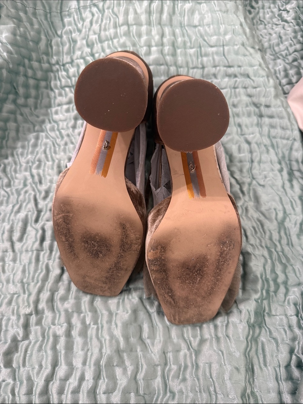 Sam Edelman Velvet Tulle Block Heel Pumps in Light Brown - Picture 2 of 5